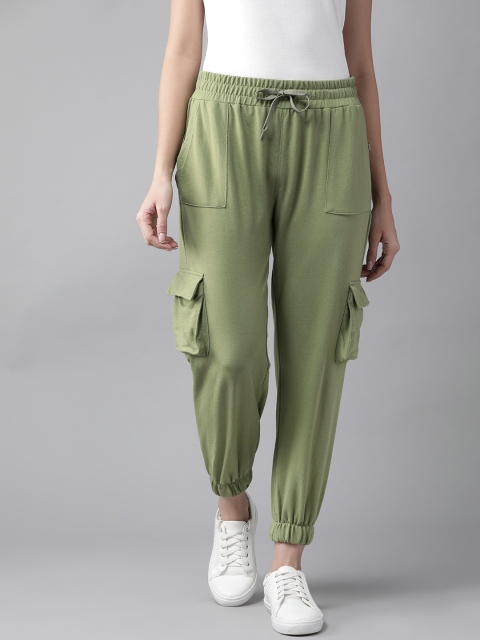 

Roadster Women Olive Green Pure Cotton Solid Pleated Cargo Joggers