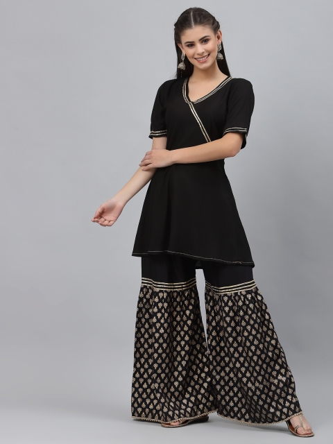 

studio rasa Women Black Viscose Embellished Angrakha Kurta with Sharara