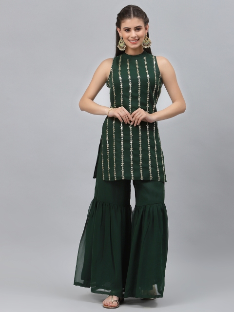 

studio rasa Women Green Embroidered Regular Sequinned Kurti with Sharara