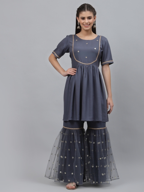 

studio rasa Women Grey Ethnic Motifs Yoke Design Pleated Sequinned Kurti with Sharara