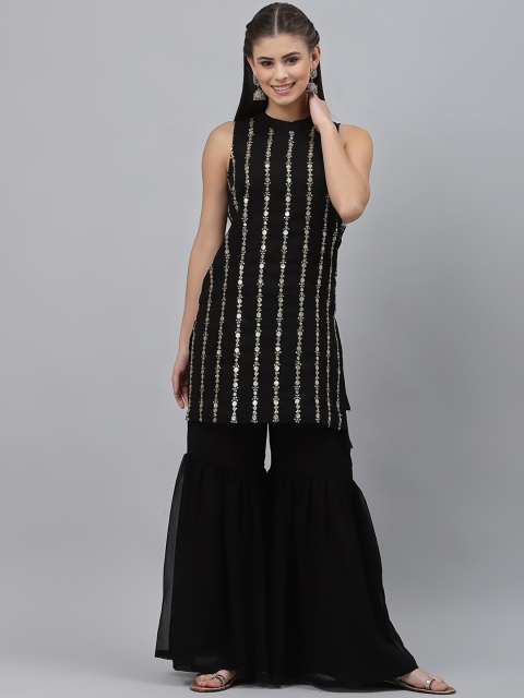 

studio rasa Women Black Georgette Sequin Embroidered Short Kurti Sharara Set