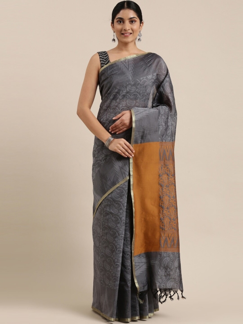 

The Chennai Silks Grey & Orange Ethnic Motifs Silk Cotton Maheshwari Saree