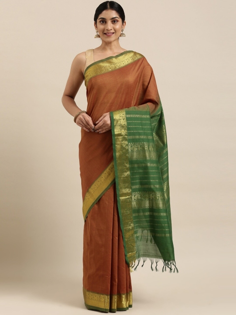 

The Chennai Silks Brown & Green Silk Cotton Maheshwari Saree