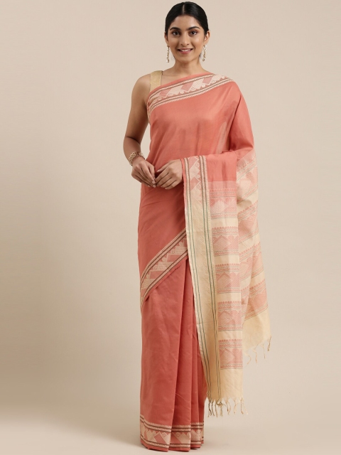 

The Chennai Silks Peach-Coloured & Beige Silk Cotton Maheshwari Saree