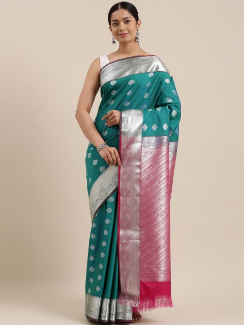 

The Chennai Silks Teal & Silver-Toned Ethnic Motifs Art Silk Saree