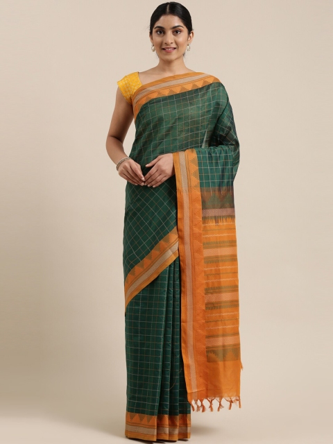 

The Chennai Silks Green & Orange Checked Silk Cotton Maheshwari Saree