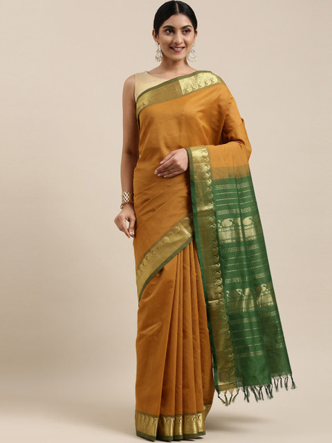 

The Chennai Silks Mustard & Green Silk Cotton Maheshwari Saree