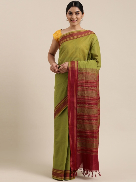 

The Chennai Silks Green & Maroon Silk Cotton Maheshwari Saree