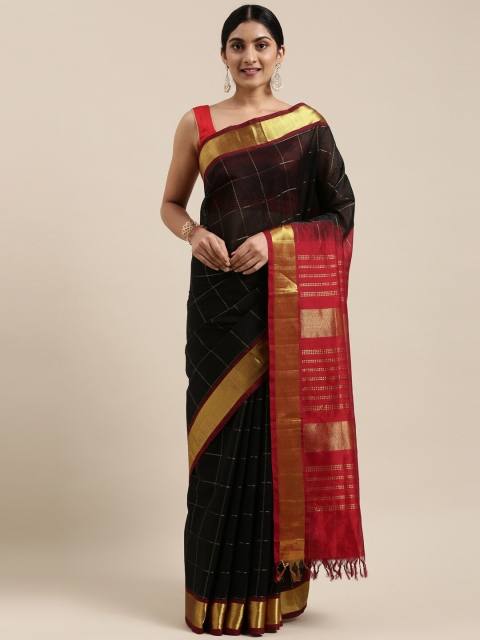 

The Chennai Silks Black & Red Checked Silk Cotton Maheshwari Saree