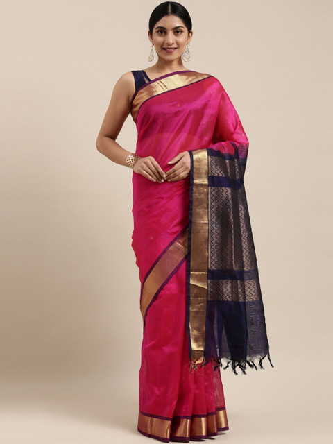

The Chennai Silks Pink & Navy Blue Silk Cotton Maheshwari Saree