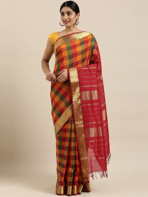 

The Chennai Silks Orange & Green Checked Silk Cotton Maheshwari Saree