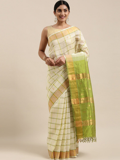 

The Chennai Silks Cream-Coloured & Green Checked Silk Cotton Maheshwari Saree