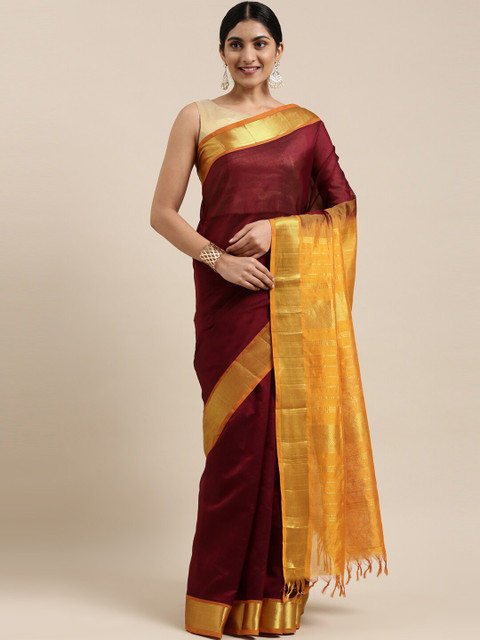 

The Chennai Silks Maroon & Gold Silk Cotton Maheshwari Saree