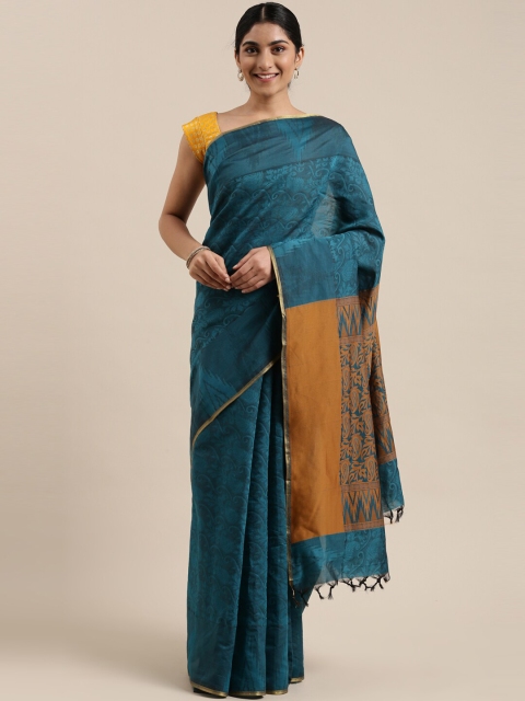 

The Chennai Silks Teal Blue & Brown Ethnic Motifs Silk Cotton Maheshwari Saree