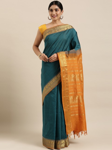 

The Chennai Silks Teal Green & Orange Silk Cotton Maheshwari Saree