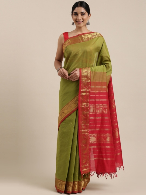 

The Chennai Silks Green & Red Silk Cotton Maheshwari Saree