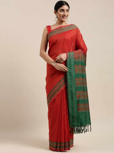 

The Chennai Silks Red & Green Silk Cotton Maheshwari Saree