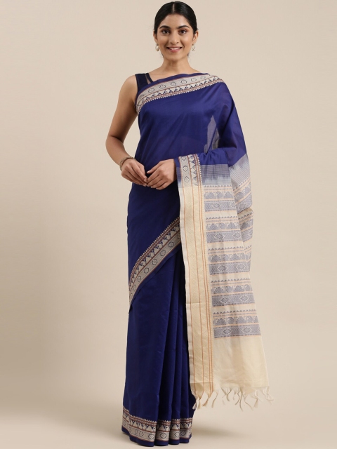 

The Chennai Silks Navy Blue & Beige Silk Cotton Maheshwari Saree