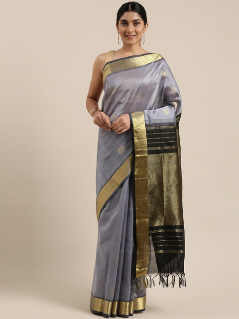 

The Chennai Silks Grey & Black Woven Design Silk Cotton Maheshwari Saree