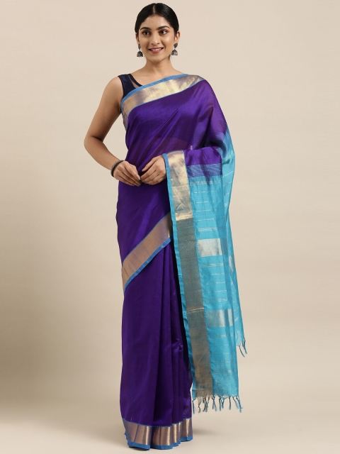 

The Chennai Silks Blue & Gold-Toned Silk Cotton Maheshwari Saree