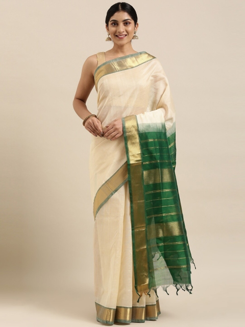 

The Chennai Silks Cream-Coloured & Green Silk Cotton Maheshwari Saree
