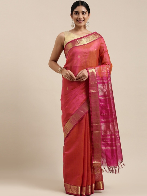 

The Chennai Silks Pink & Gold-Toned Woven Design Silk Cotton Maheshwari Saree