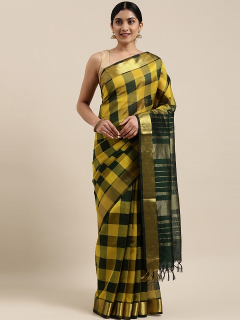 

The Chennai Silks Green & Mustard Checked Silk Cotton Maheshwari Saree