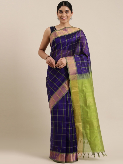 

The Chennai Silks Navy Blue & Green Checked Silk Cotton Maheshwari Saree