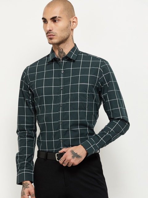 

max Men Green Windowpane Checks Opaque Checked Casual Shirt