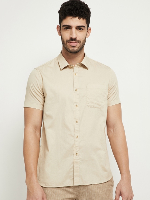 

max Men Beige Cotton Linen Opaque Casual Shirt
