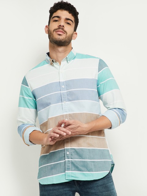 

max Men Blue Horizontal Stripes Opaque Striped Casual Shirt