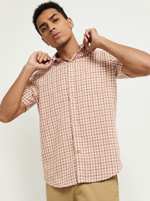 

max Men Beige Gingham Checks Opaque Checked Casual Shirt