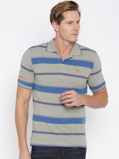 

Wildcraft Men Grey & Blue Striped Polo Collar T-shirt
