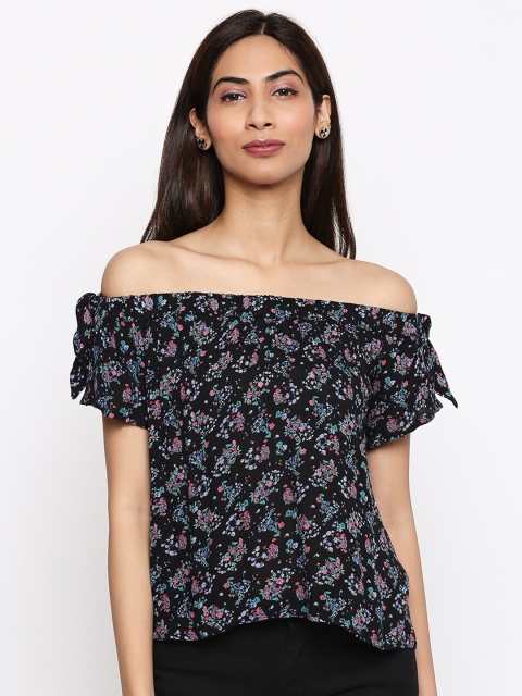 

People Women Black & Pink Floral Printed Off-Shoulder Cotton Bardot Top