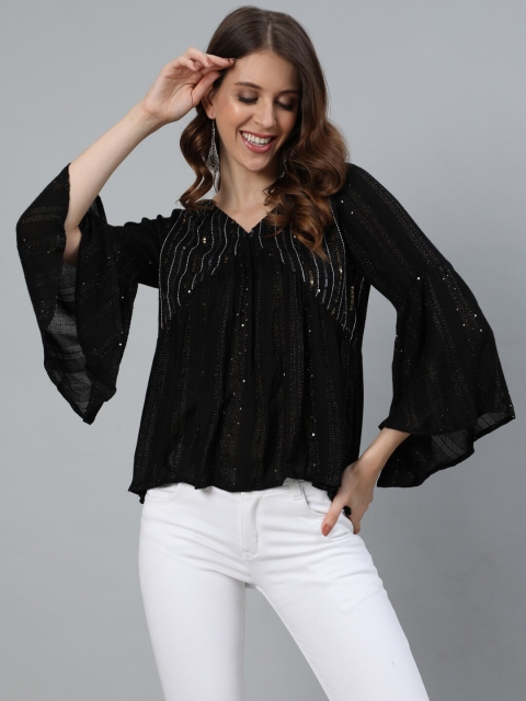 

Ishin Black & Silver-Toned Embellished A-Line Top
