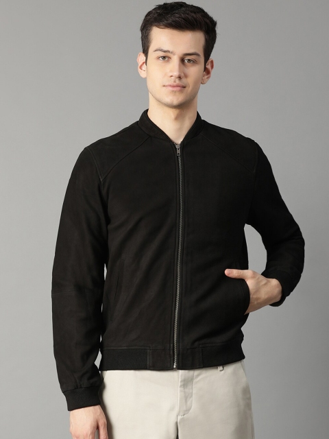 

Bruun & Stengade Men Black Geometric Leather Lightweight Bomber Jacket