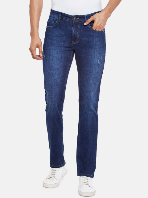 

People Men Navy Blue Slim Fit Low Distress Light Fade Jeans
