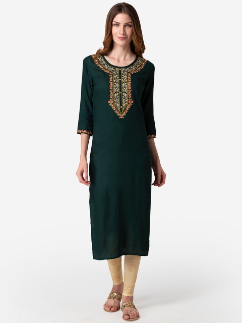 

FASHION DEPTH Women Green & Cream-Coloured Floral Yoke Design Thread Work Kurta