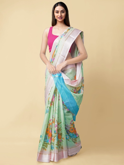 

Unnati Silks Green & Orange Floral Organza Kota Saree