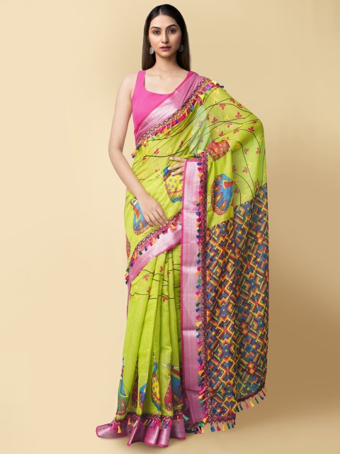

Unnati Silks Green & Pink Ethnic Motifs Zari Linen Blend Patola Saree