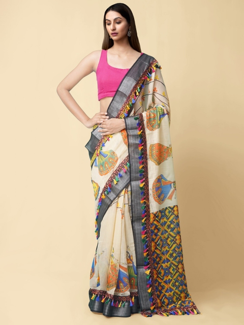 

Unnati Silks Cream-Coloured & Navy Blue Warli Zari Linen Blend Patola Saree
