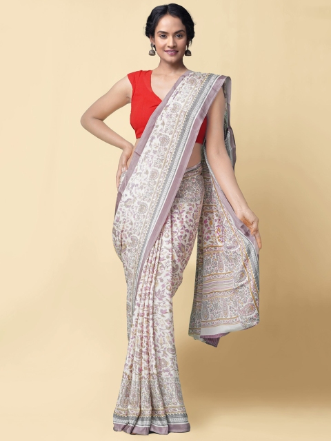 

Unnati Silks Cream-Coloured & Pink Ethnic Motifs Bandhani Saree