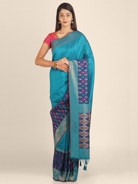 

KAJREE Blue & Pink Beads and Stones Pure Silk Patola Saree