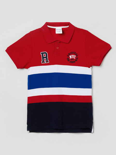 

max Boys Red & Blue Striped Polo Collar T-shirt