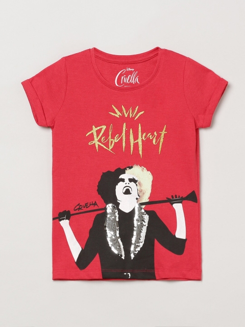 

max Girls Red Typography Printed Raw Edge T-shirt