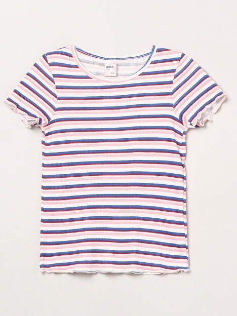 

max Girls Cream-Coloured Striped Raw Edge T-shirt