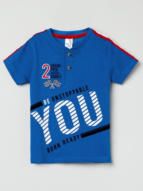 

max Boys Blue Typography Printed Henley Neck Applique T-shirt