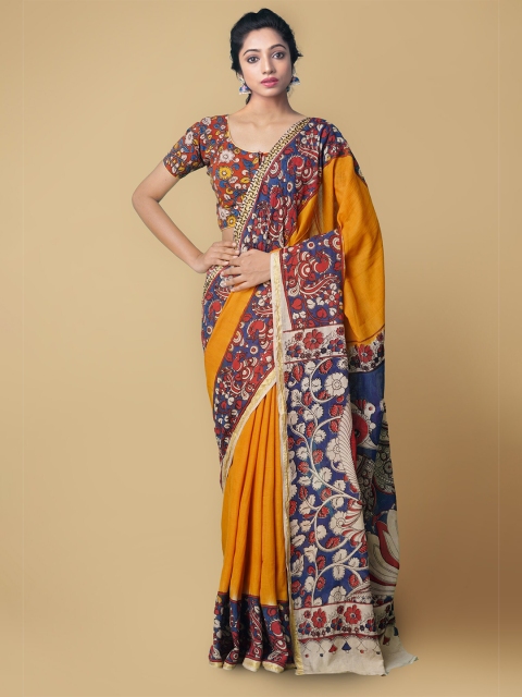 

Unnati Silks Orange & Navy Blue Kalamkari Pure Cotton Saree