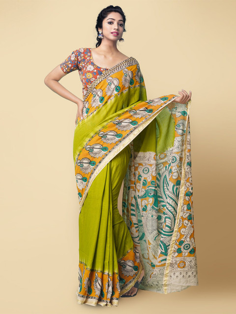 

Unnati Silks Green & Yellow Kalamkari Pure Cotton Saree
