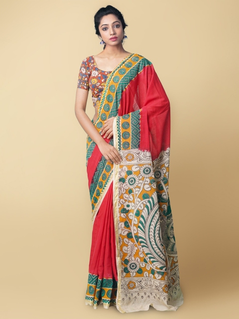 

Unnati Silks Red & Green Kalamkari Pure Cotton Saree